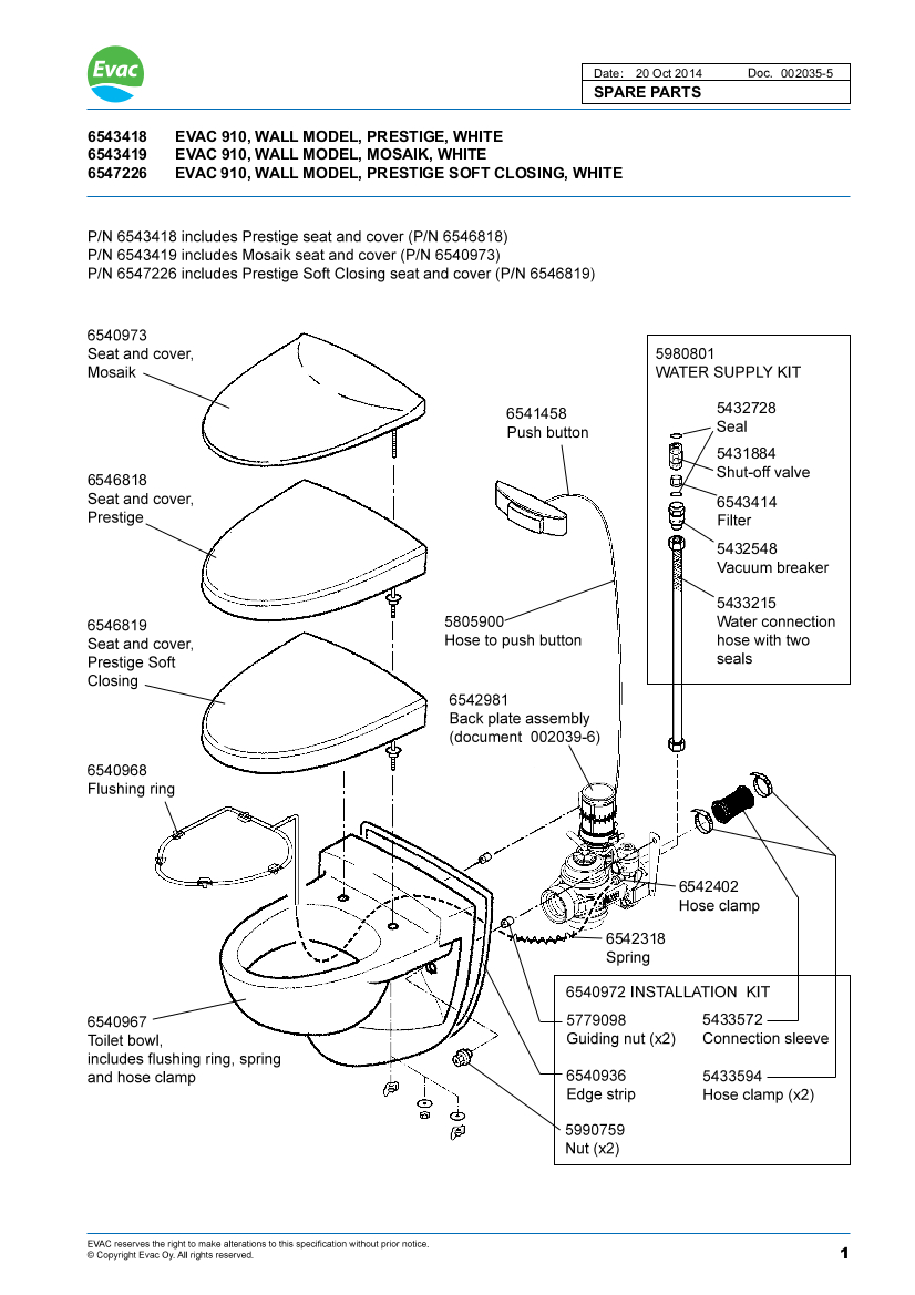 Part Numbers and Technical Documentation for EVAC 910 Toilets Marine